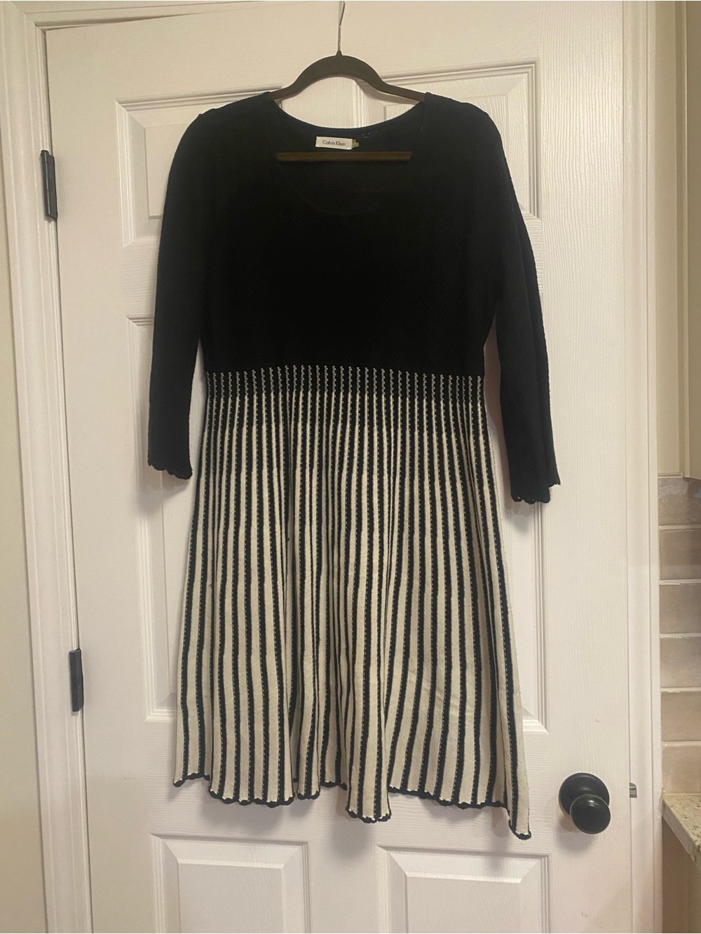 Calvin Klein Black and White Long Sleeve Striped Fit-and-Flare Dress